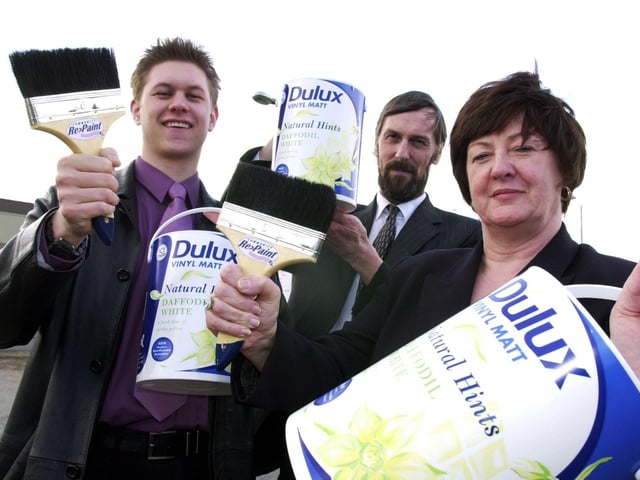 Steve Ogden from SWAP, Ian Hunter of Leeds City Council contract services and Doreen Green, Rathbone centre manger launch the paint re-use scheme at the Seacroft Civic Amenity Site on April 19, 2001.