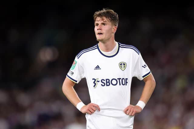LEEDS, ENGLAND - AUGUST 24: Leo Fuhr Hjelde of Leeds United looks on during the Carabao Cup Second Round match between Leeds United and Barnsley at Elland Road on August 24, 2022 in Leeds, England. (Photo by George Wood/Getty Images)
