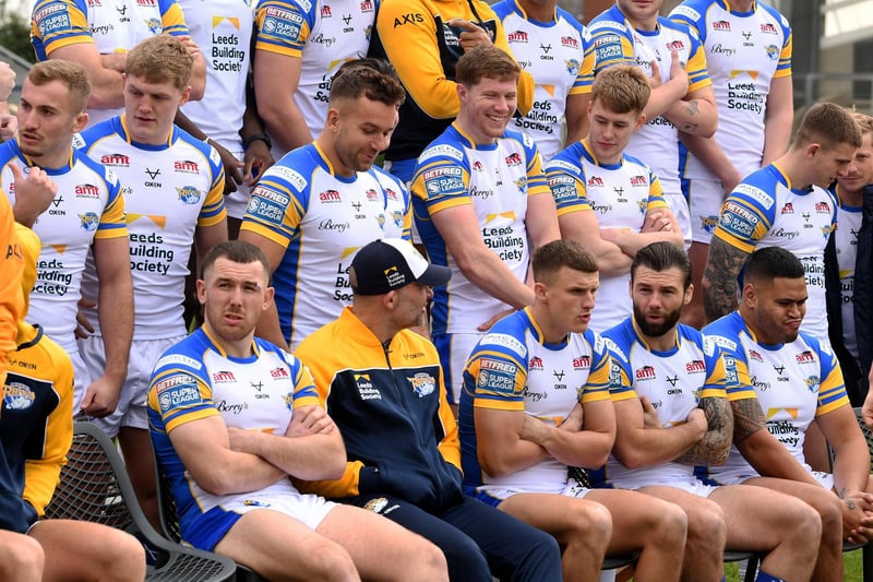 New signing Mickael Goudemand, third from left on the middle row, shares a laugh with Leeds Rhinos teammate Morgan Gannon at the 2024 photocall.