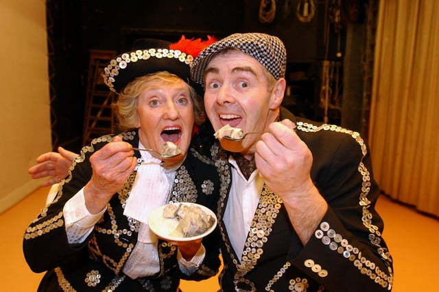 Gary Holmes and Marjorie Inman, the Pearly King and Queen, at Guiseley Amateur Operatic Society's production of 'Me And My Girl in February 2003. The pair were tasting the delights of jellied eels which had been specially shipped North from  London's East End, to be sold to the audiences during the run of the show