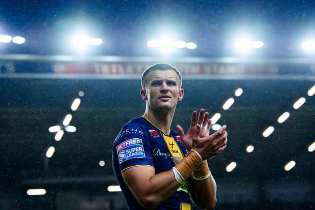 Ash Handley celebrates last week's victory against St Helens which was his 250th appearance for Leeds Rhinos. Picture by Allan McKenzie/SWpix.com.