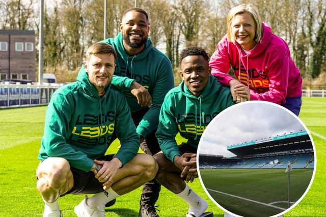 (left to right) Liam Cooper, Sanchez Payne, of Leeds 2023, Luis Sinisterra and Abigail Scott Paul from LEEDS 2023. Players will wear special shirts during the warm up and Elland Road will light up in celebration of LEEDS 2023. Credit: Simon Dewhurst
