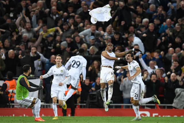 WILD SCENES: As Leeds United celebrate their late winner at Liverpool. Photo by OLI SCARFF/AFP via Getty Images.