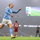 BUSINESS AS USUAL: Erling Haaland fires Manchester City ahead in Thursday night's Carabao Cup clash against Liverpool at the Etihad.
Photo by Naomi Baker/Getty Images.