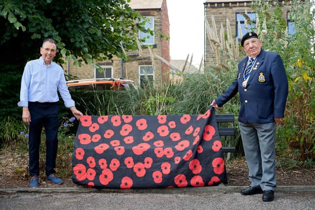 Darren Byford and Malcolm Patterson, chairman of the Horbury, Sitlington & Ossett Branch of the Royal British Legion, unveiling the bench.