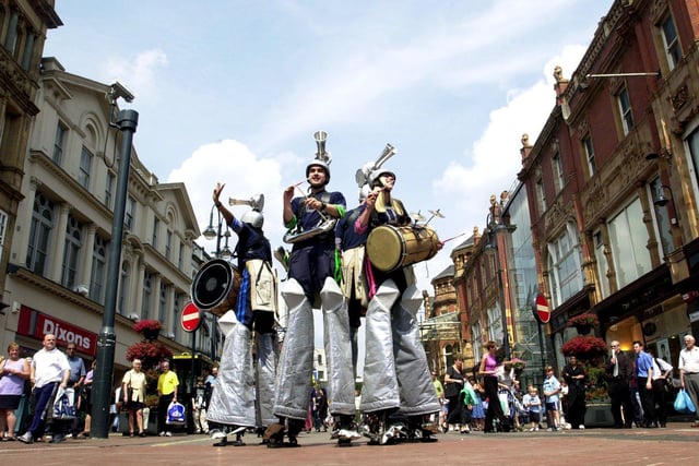 Launch of the Rhythms of the City in Briggate, Leeds, pictured are the Boneshakers entertaining crowds in 2001.