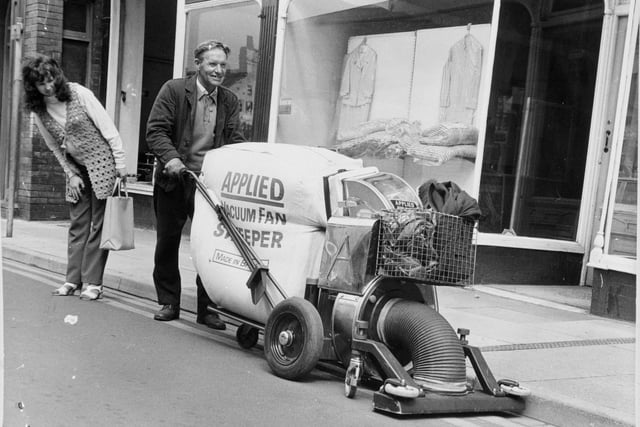 George William Harper working the new road vacuum cleaner in the town centre in August 1972.