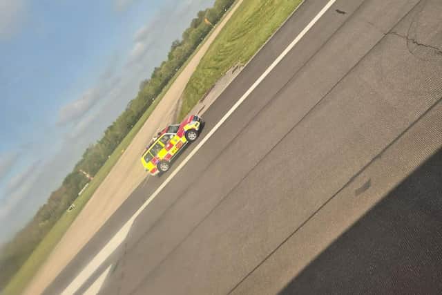 A bird strike on a plane departing from Leeds Bradford Airport resulted in a landing at Manchester Airport on Monday morning (April 27) – this was the moment emergency services rushed to the plane on the runway.