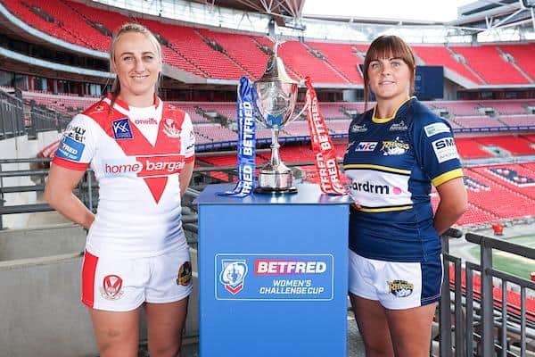St Helens captain Jodie Cunningham - pictured at Wembley with Leeds skipper Hanna Butcher - is a superstar of women's rugby league. Picture by Kieran Cleeves/SWpix.com.