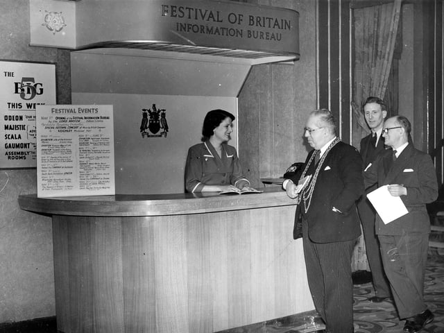 The Lord Mayor, Francis Hugh O'Donnell arrives at the Odeon Cinema to perform the official opening of the Festival of Britain Information Bureau in May 1951.