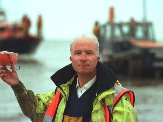 This is volunteer John Roberts who collected £5,000 in the last 10 years doing a bucket collection on the beach each time Bridlington lifeboat went out to sea. He is pictured in May 1998.