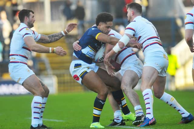 Derrell Olpherts made his first appearance for Rhinos against Wakefield on Boxing Day. Picture by Steve Riding.