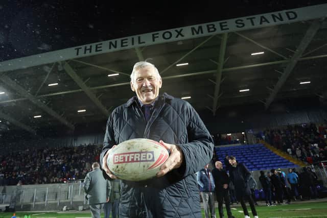 Neil Fox in front of the stand which carries his name at Wakefield Trinity's DIY Kitchens Stadium, Belle Vue. Picture by Ed Sykes/SWpix.com.