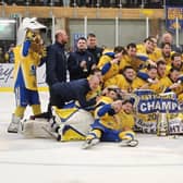 CHAMPIONS: Leeds Knights celebrate their second straight NIHL National league title on Sunday night after beating Bees IHC at Elland Road Ice Arena.