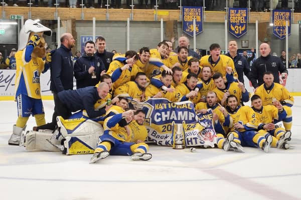 CHAMPIONS: Leeds Knights celebrate their second straight NIHL National league title on Sunday night after beating Bees IHC at Elland Road Ice Arena.