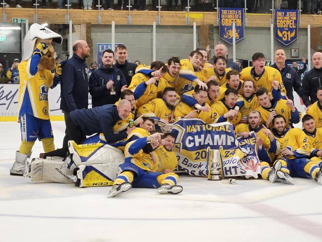 CHAMPIONS: Leeds Knights celebrate their second straight NIHL National league title on Sunday night after beating Bees IHC at Elland Road Ice Arena.