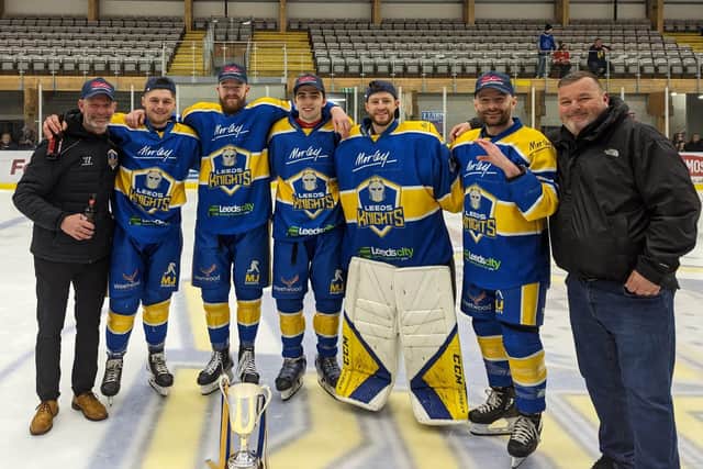 HAIL TO THE CHIEFS: Sam Zajac (second right), celebrates NIHL National title success with (from left) Jason Thomas, Lewis Baldwin, Adam Barnes, Sam Gospel and Glenn Baldwin (far right).