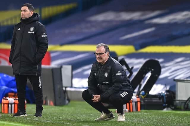 Marcelo Bielsa, manager of Leeds United, reacts during the Premier League match against Everton at Elland Road on February 3, 2021.