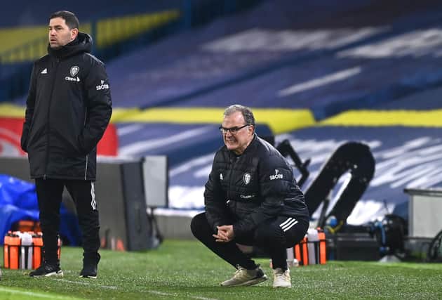 Marcelo Bielsa, manager of Leeds United, reacts during the Premier League match against Everton at Elland Road on February 3, 2021.