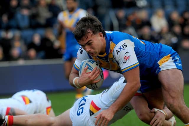 Presley Cassell scores for Leeds Rhinos against Bradford Bulls. Picture by Steve Riding.