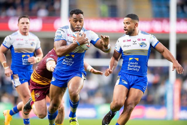 King Vuniyayawa on the ball for Leeds Rhinos against Huddersfield Giants in 2021. Picture by Allan McKenzie/SWpix.com.