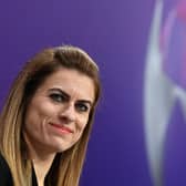 NYON, SWITZERLAND  SEPTEMBER 30: Draw guest Karen Carney during the UEFA Women's Champions League 2019/20 Round of 16 draw at the UEFA headquarters, The House of European Football on September 30, 2019 in Nyon, Switzerland. (Photo by Harold Cunningham - UEFA/UEFA via Getty Images)