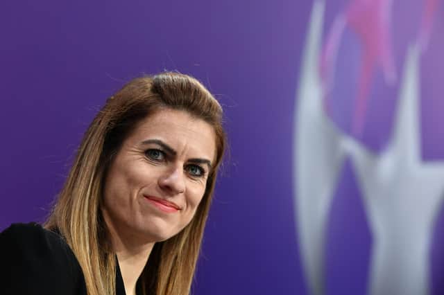NYON, SWITZERLAND  SEPTEMBER 30: Draw guest Karen Carney during the UEFA Women's Champions League 2019/20 Round of 16 draw at the UEFA headquarters, The House of European Football on September 30, 2019 in Nyon, Switzerland. (Photo by Harold Cunningham - UEFA/UEFA via Getty Images)