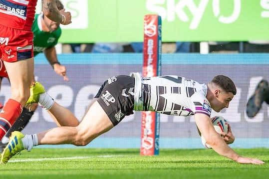 Josh Simm, who has signed with Castleford, scores for Hull FC against Hull KR at last year's Magic Weekend. Picture by Allan McKenzie/SWpix.com.
