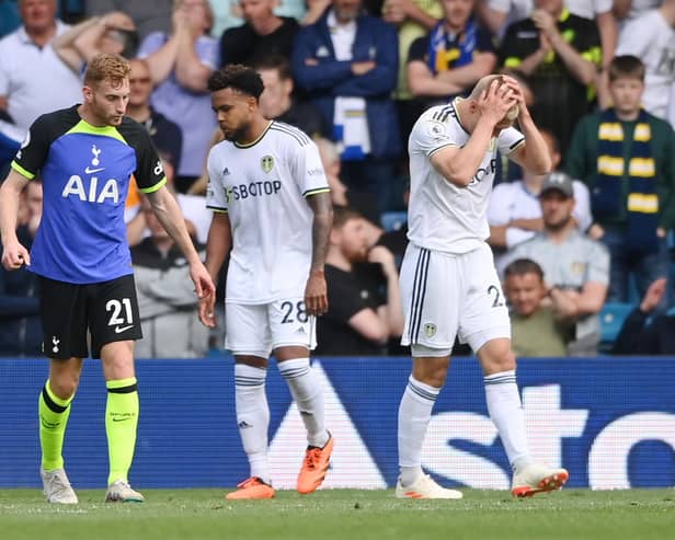 ANOTHER CHANCE GONE: Leeds United's Rasmus Kristensen holds his head after blasting an effort over the bar as Weston McKennie, centre, looks on. Photo by Stu Forster/Getty Images.