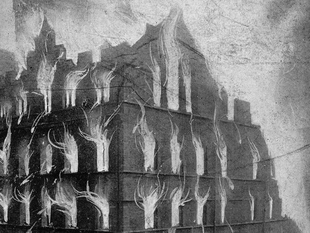 A blaze which became known as 'the Great Fire in Leeds.' The fire took place at no. 25 Wellington Street, by the junction with Thirsk Row, a warehouse building occupied by J. Hepworth & Son Ltd., wholesale clothiers. This postcard view dates from July 1906.