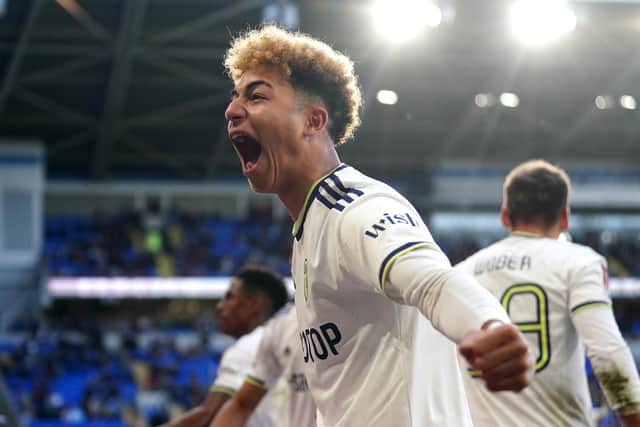 Leeds United's Mateo Joseph celebrates their side's second goal of the game, scored by team-mate Sonny Perkins (hidden) during the Emirates FA Cup third round match at Cardiff City Stadium. Picture date: Sunday January 8, 2023.