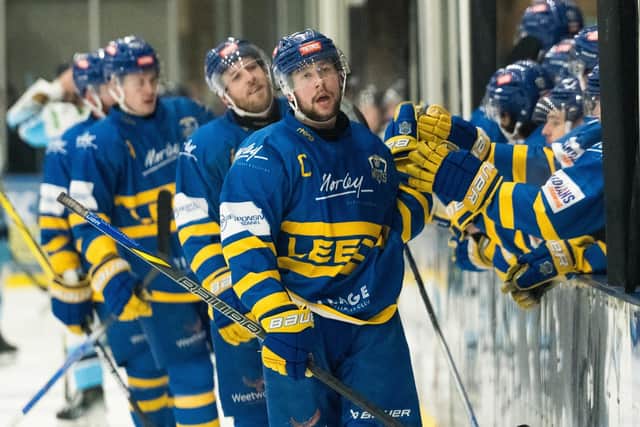 TREBLE TOP: Captain Kieran Brown scored a hat-trick as Leeds Knights beat Yorkshire rivals Sheffield Steeldogs on Friday night at Elland Road. Picture: Jacob Lowe/Knights Media.