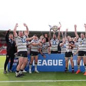 Dewsbury Rams celebrate with the 2023 Betfred League One trophy. Picture by John Clifton/SWpix.com.