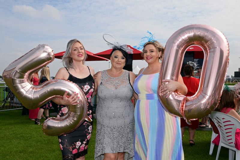 St Leger Festival, Ladies Day 2021. Karen Roe, pictured celebrating her 50th birthday with Gemma Hayes and Emma Foreman.