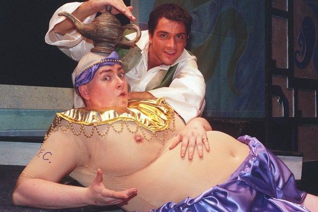 Aladdin was being staged at the City Varieties in 1999. Pictured are Dale Meeks as Genie of the Lamp and Matthew Daines as Aladdin.