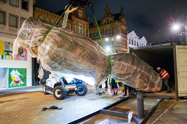 The dinosaurs were carefully-transported to Trinity Leeds in the dead of night - these pictures were taken at about 4am.
