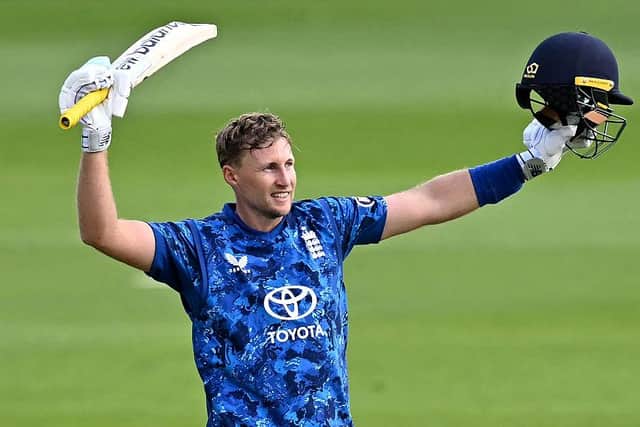 MASTERCLASS: England's Joe Root celebrates hitting the winning run to seal an ODI series win against West Indies at Sophia Gardens Picture: PAUL ELLIS/AFP/Getty Images