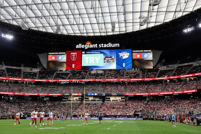 A general view of Leeds Rhinos playing Hull KR at Allegiant Stadium in Las Vegas. Picture by Alex Whitehead/SWpix.com.