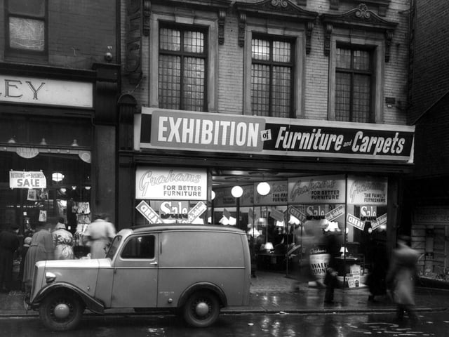 Graham's Furniture and Carpets on Lands Lane in January 1955. The building to the left is probably Rawusley wool warehouse.