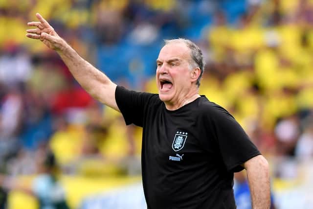 BARRANQUILLA, COLOMBIA - OCTOBER 12: Marcelo Bielsa, head coach of Uruguay gestures during a FIFA World Cup 2026 Qualifier match between Colombia and Uruguay at Roberto Melendez Metropolitan Stadium on October 12, 2023 in Barranquilla, Colombia. (Photo by Gabriel Aponte/Getty Images)