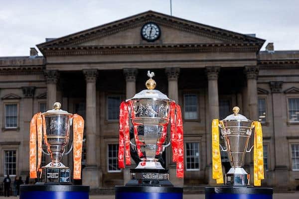 The RLWC trophies in Huddersfield, birthplace of rugby league. Picture by Alex Whitehead/SWpix.com.