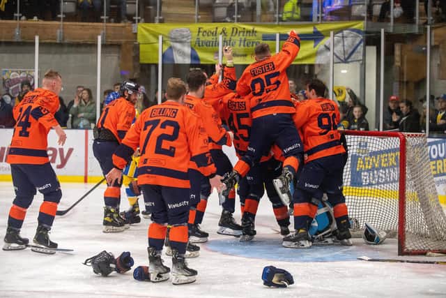 END GAME: Peterborough Phantoms celebrate their National Cup final win over Leeds Knights, losing 6-2 on the night but winning 8-6 on aggregate. Picture: Bruce Rollinson
24 March 2023.