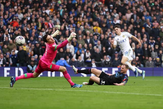 DOUBLING UP: Whites winger Dan James fires Leeds United into a 3-0 advantage with his second goal of the game in Saturday's 4-1 victory against Championship visitors Huddersfield Town at Elland Road. Photo by George Wood/Getty Images.