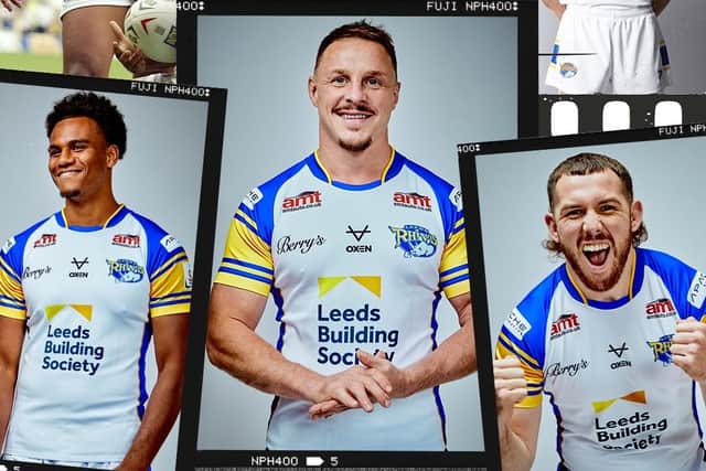 James Donaldson - centre, along with Leon Ruan and Cameron Smith - in a publicity picture for Rhinos' 2024 kit. Picture by Leeds Rhinos.