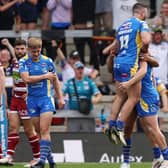 James Bentley jumps for joy as he celebrates a try in Leeds Rhinos' victory against Wigan Warriors. Picture by John Clifton/SWpix.com.