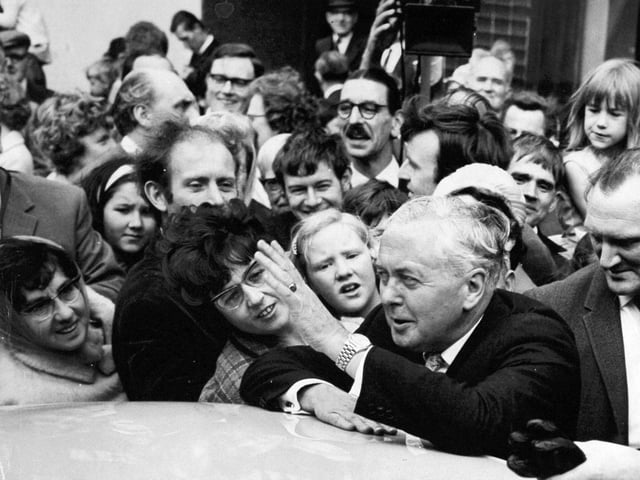 Harold Wilson talks to a crowd which surrounded his car during a whistle stop tour of key constituencies in the West Riding's textile belt which he made in May 1970 during Labour's election campaign.