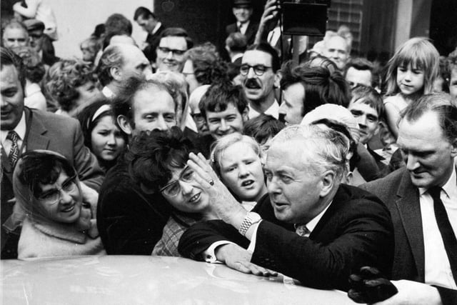 Harold Wilson talks to a crowd which surrounded his car at Slaithwaite during a whistle stop tour of key constituencies in the West Riding's textile belt which he made in May 1970 during Labour's election campaign.