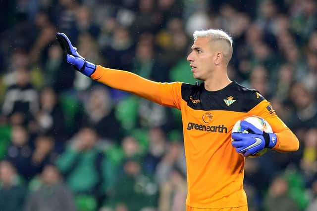 Real Betis' Spanish goalkeeper Joel Robles gestures during the Spanish Copa del Rey (King's Cup) quarter-final second leg football match between Real Betis and RCD Espanyol at the Benito Villamarin stadium in Sevilla on January 30, 2019. (Photo by CRISTINA QUICLER / AFP)        (Photo credit should read CRISTINA QUICLER/AFP via Getty Images)