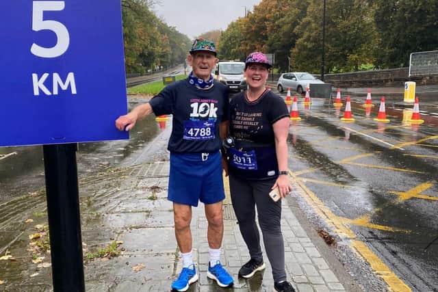 Clare with her dad Keith, at Age UK’s Leeds Abbey Dash in 2022