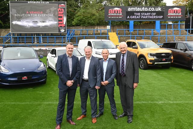 Rhinos this month announced a major new partnership with AMT Auto. The company's managing director Neil McGawley (second from right) is pictured with (left to right) Rhinos commerical manager Rob Oates, chief executive Gary Hetherington and chairman Paul Caddick. Picture by Matthew Merrick/Leeds Rhinos.